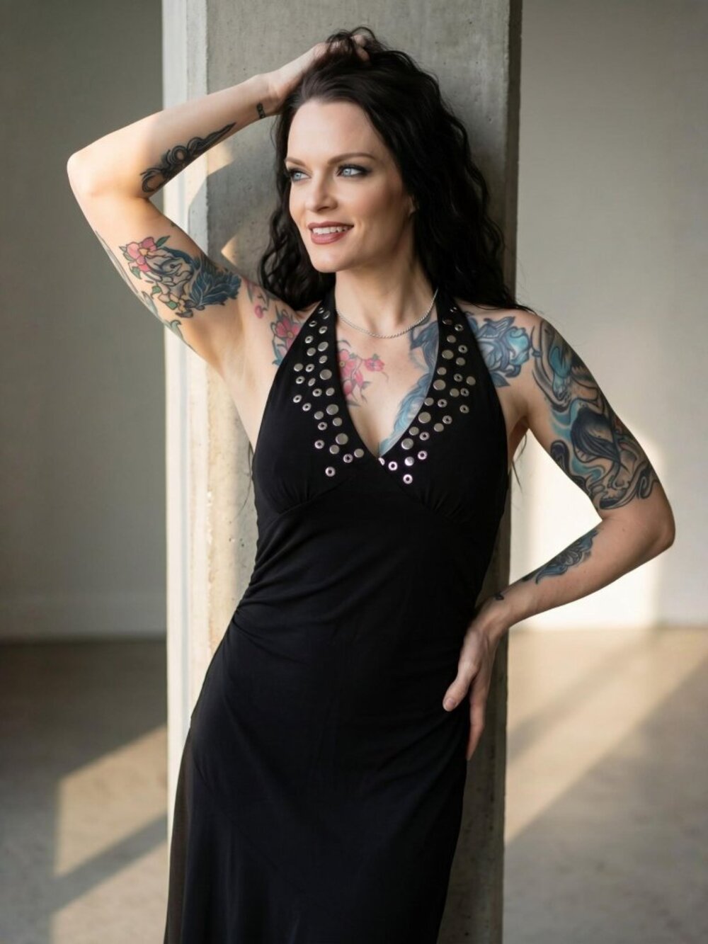 Ruby Rox ✦ Black Halter Studded Knee Length Dress ✦ V-Neck Flowy Party Cocktail
